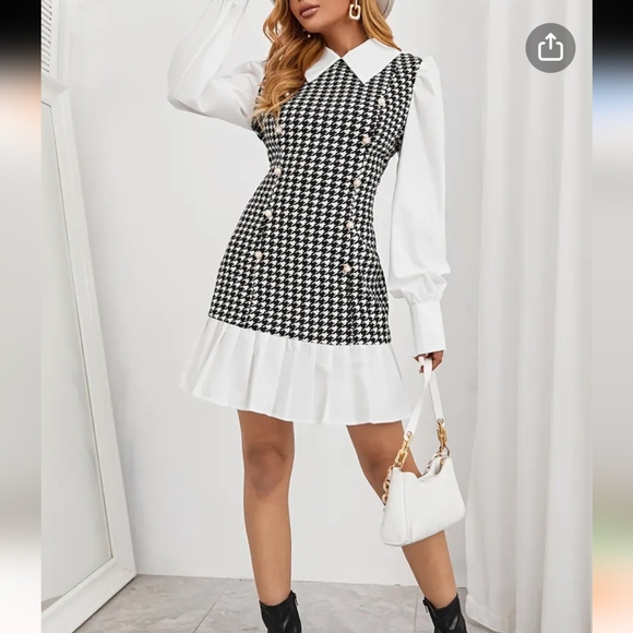 NWT WINTER HOUNDSTOOTH BUSINESS CASUAL LONG SLEEVE PLEATED DRESS S: SMALL-LARGE - Picture 6 of 11